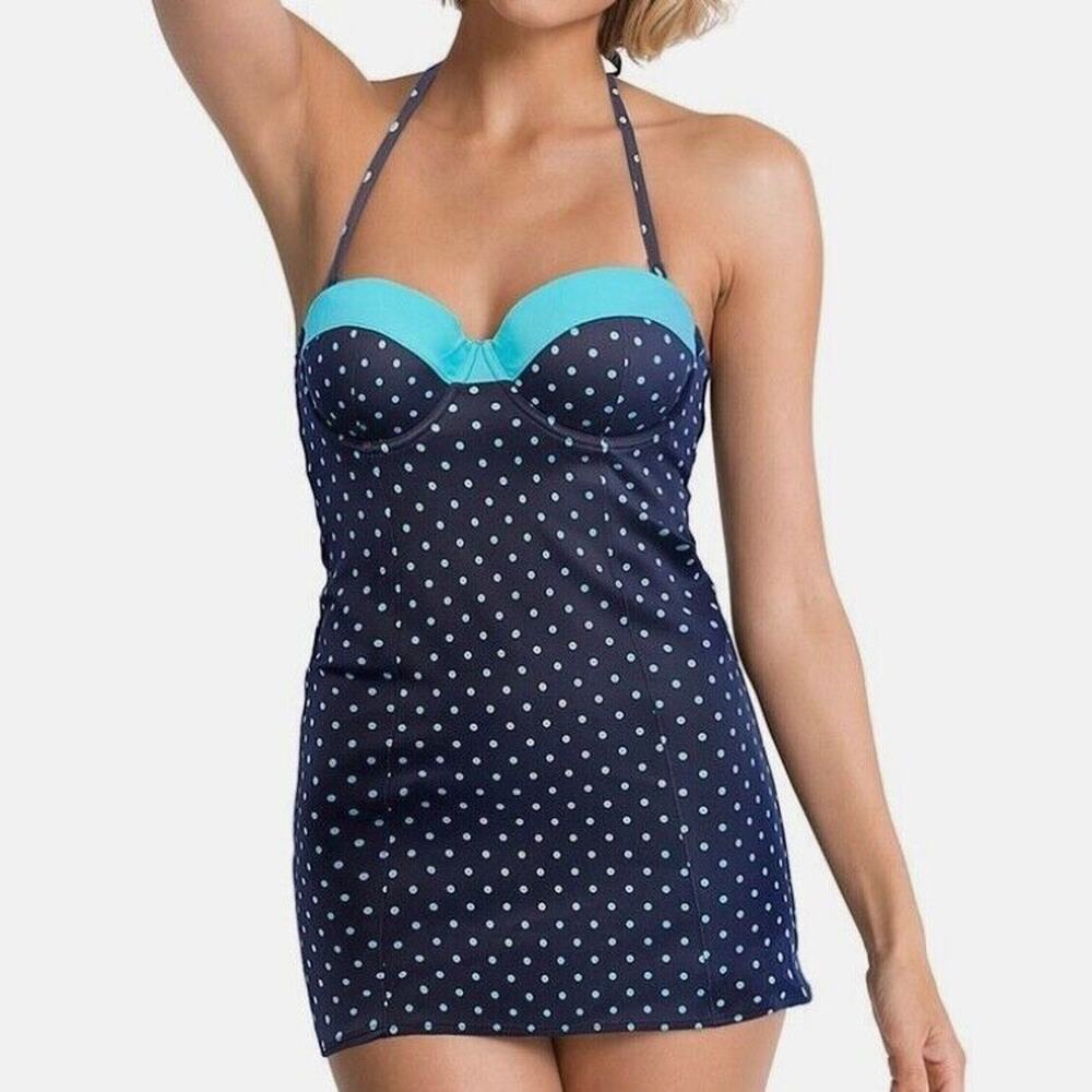 Spanx Swimsuit Top 10 Navy Blue Teal Polka Dots Bikini Tankini Removable Straps